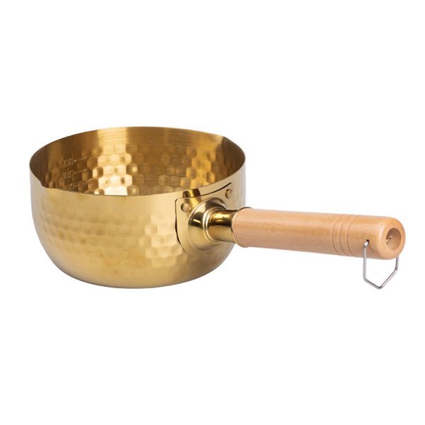 Stainless steel milk pot with wooden handle and golden hammered finish