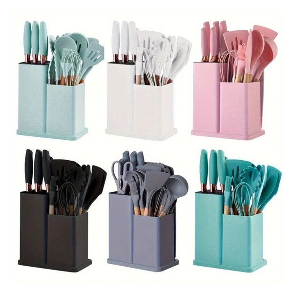 Six different colored 19-piece silicone kitchen utensil sets in containers, each set including spatulas, spoons, tongs, and whisks.