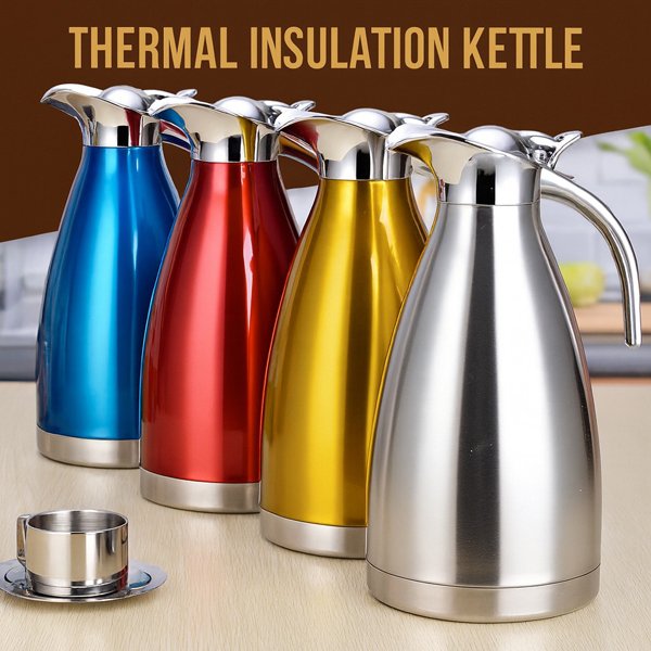 Colorful stainless steel thermal insulation kettles lined up on a wooden surface.