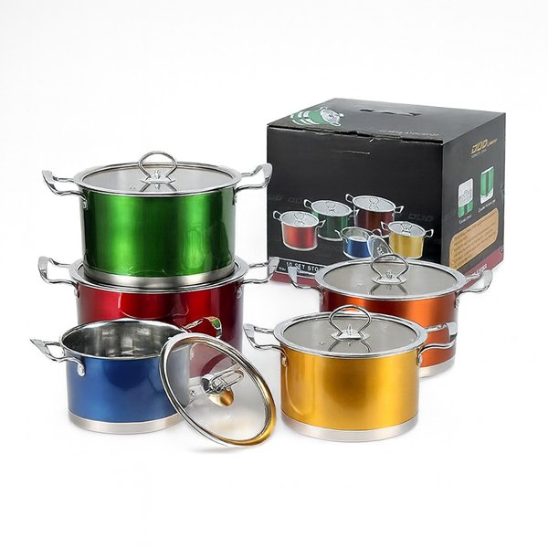 Colorful stainless steel cookware set with glass lids – 10-piece kitchen pot set